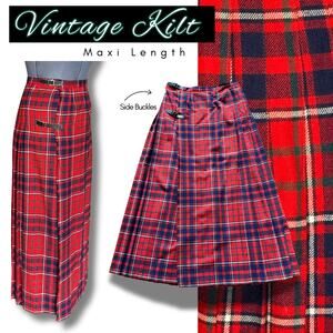 Vintage Plaid Tartan Kilt Maxi Skirt Pleated Fall Winter Wool Christmas Preppy